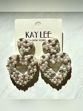 🤍💍 NWT KAY LEE NEW YORK Pearl & Rhinestone Heart Drop Earrings Statement